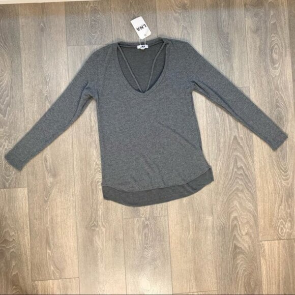 Revolve LNA Strappy Sweater V-neck Long Sleeve Fuzzy Soft Charcoal Grey Size XS - Picture 3 of 13